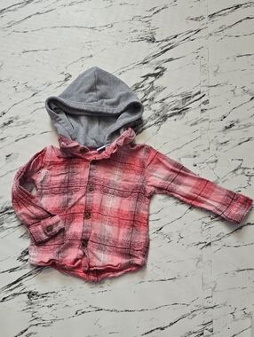 Old Navy Pink Plaid Button-Down Shirt with Gray Hood